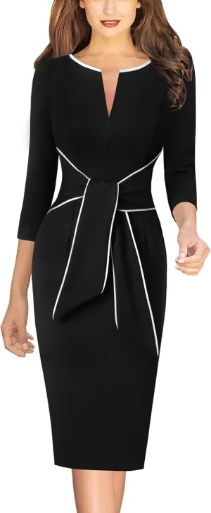 VFSHOW Womens Front Zipper Tie Waist Bow Slim Work Business Office Party Bodycon Pencil Sheath Dress