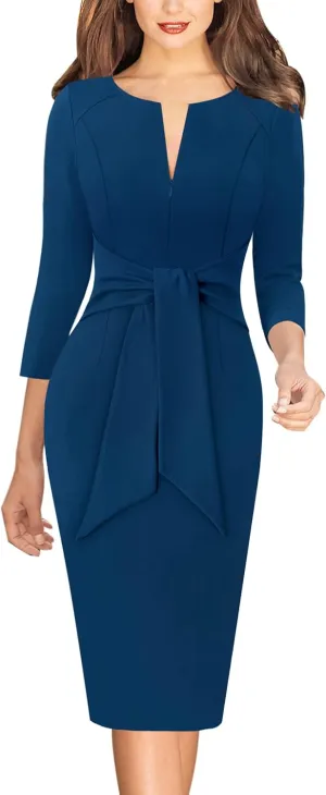 VFSHOW Womens Front Zipper Tie Waist Bow Slim Work Business Office Party Bodycon Pencil Sheath Dress