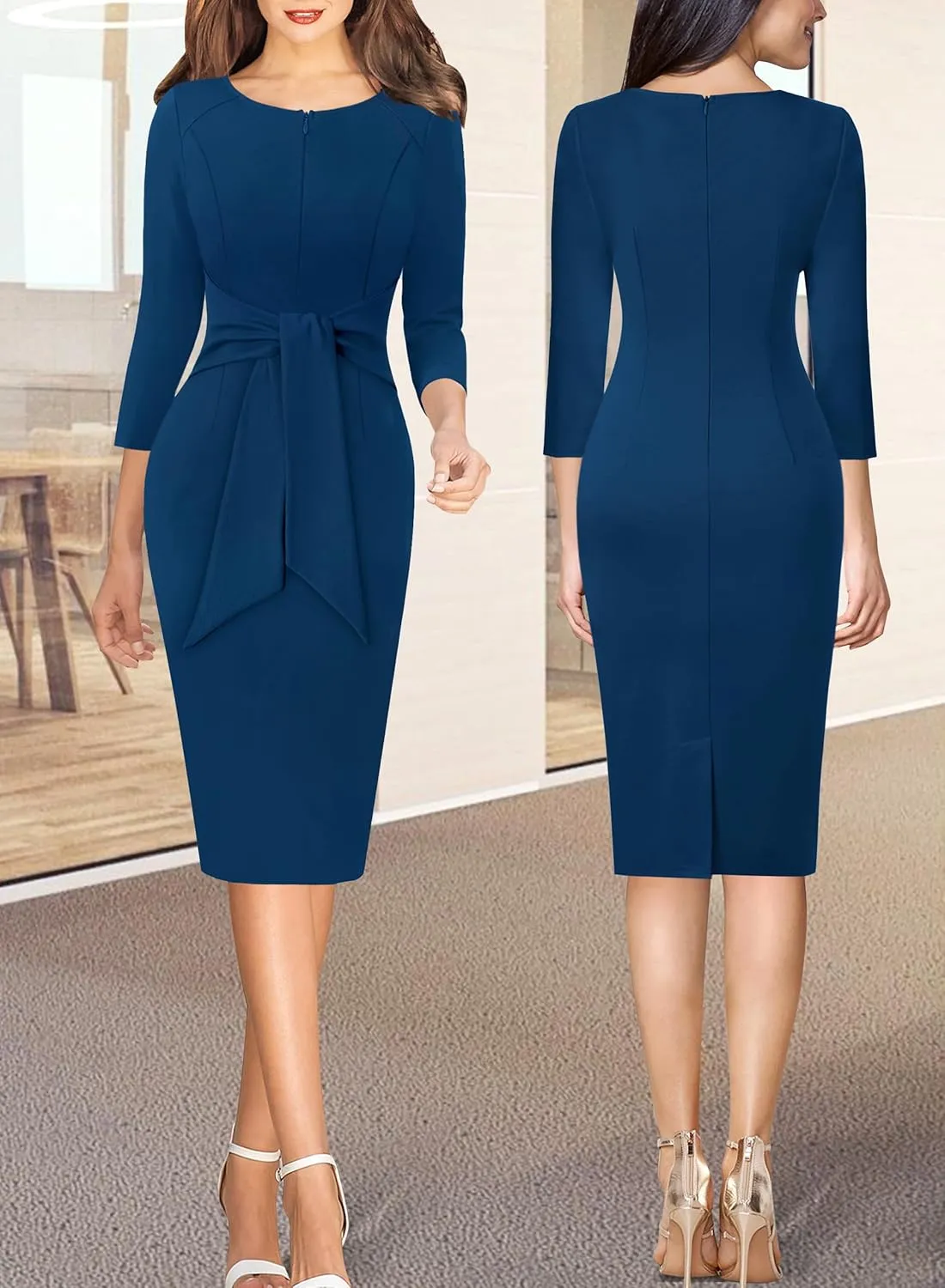 VFSHOW Womens Front Zipper Tie Waist Bow Slim Work Business Office Party Bodycon Pencil Sheath Dress