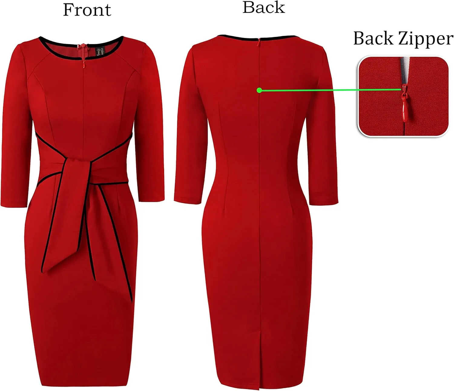 VFSHOW Womens Front Zipper Tie Waist Bow Slim Work Business Office Party Bodycon Pencil Sheath Dress