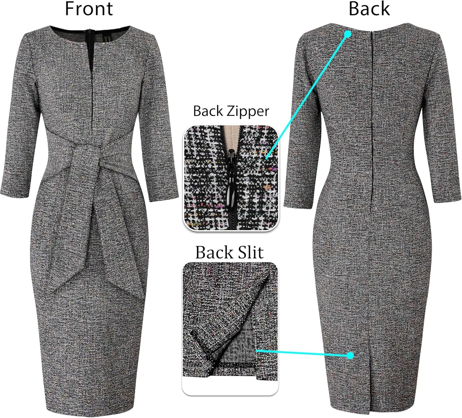 VFSHOW Womens Front Zipper Tie Waist Bow Slim Work Business Office Party Bodycon Pencil Sheath Dress