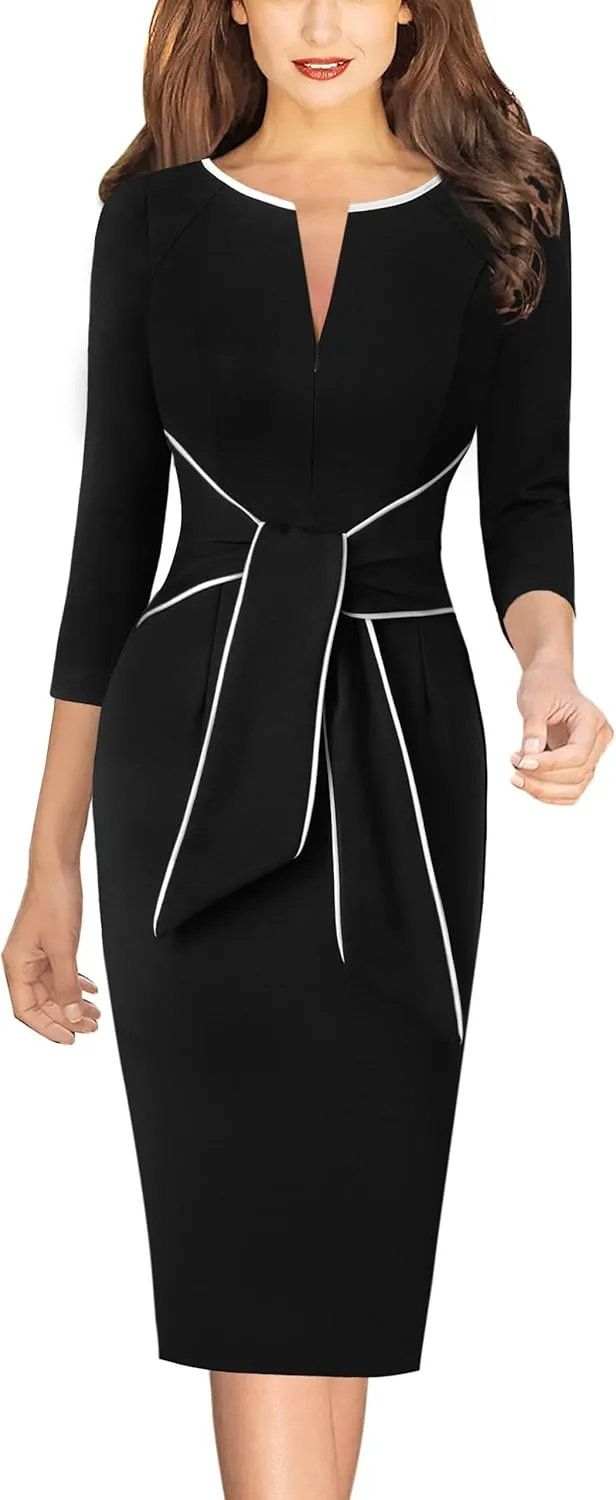 VFSHOW Womens Front Zipper Tie Waist Bow Slim Work Business Office Party Bodycon Pencil Sheath Dress