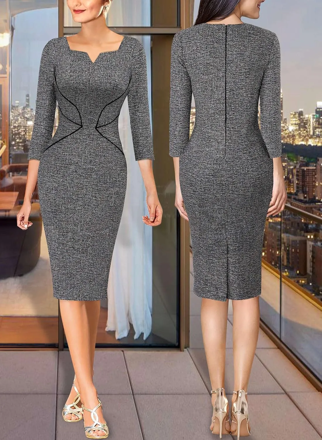 VFSHOW Womens Notch V Neck Office Business Work Slim Fit Sheath Pencil Dress