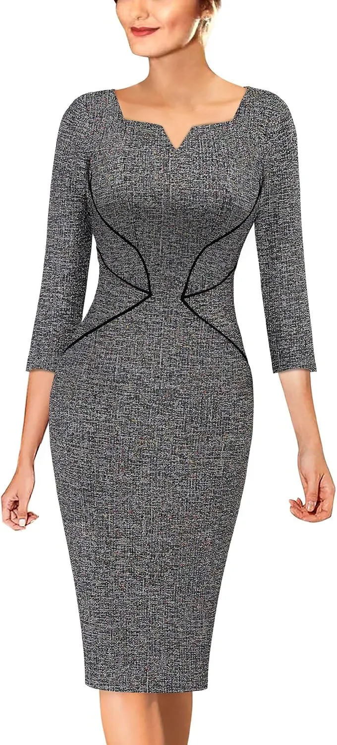 VFSHOW Womens Notch V Neck Office Business Work Slim Fit Sheath Pencil Dress