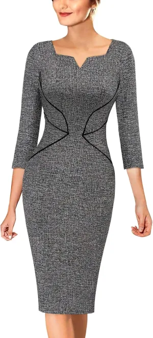 VFSHOW Womens Notch V Neck Office Business Work Slim Fit Sheath Pencil Dress