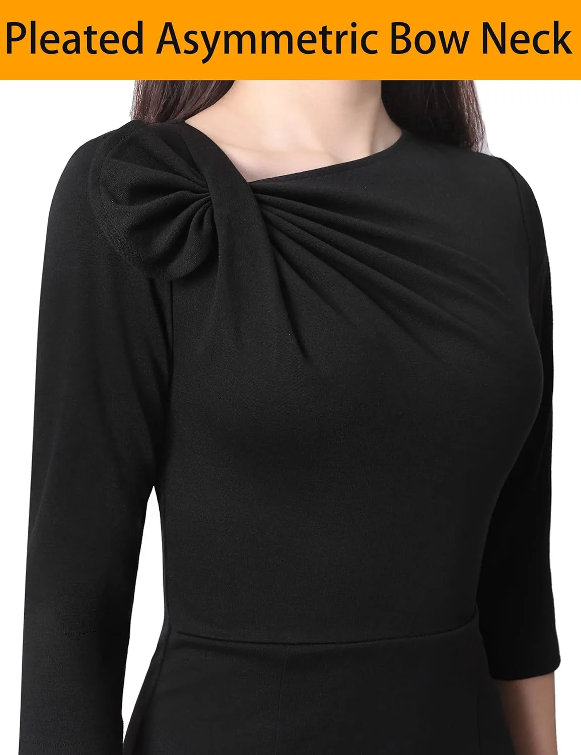 VFSHOW Womens Pleated Asymmetric Bow Neck Work Business Office Cocktail Party Pencil Sheath Dress