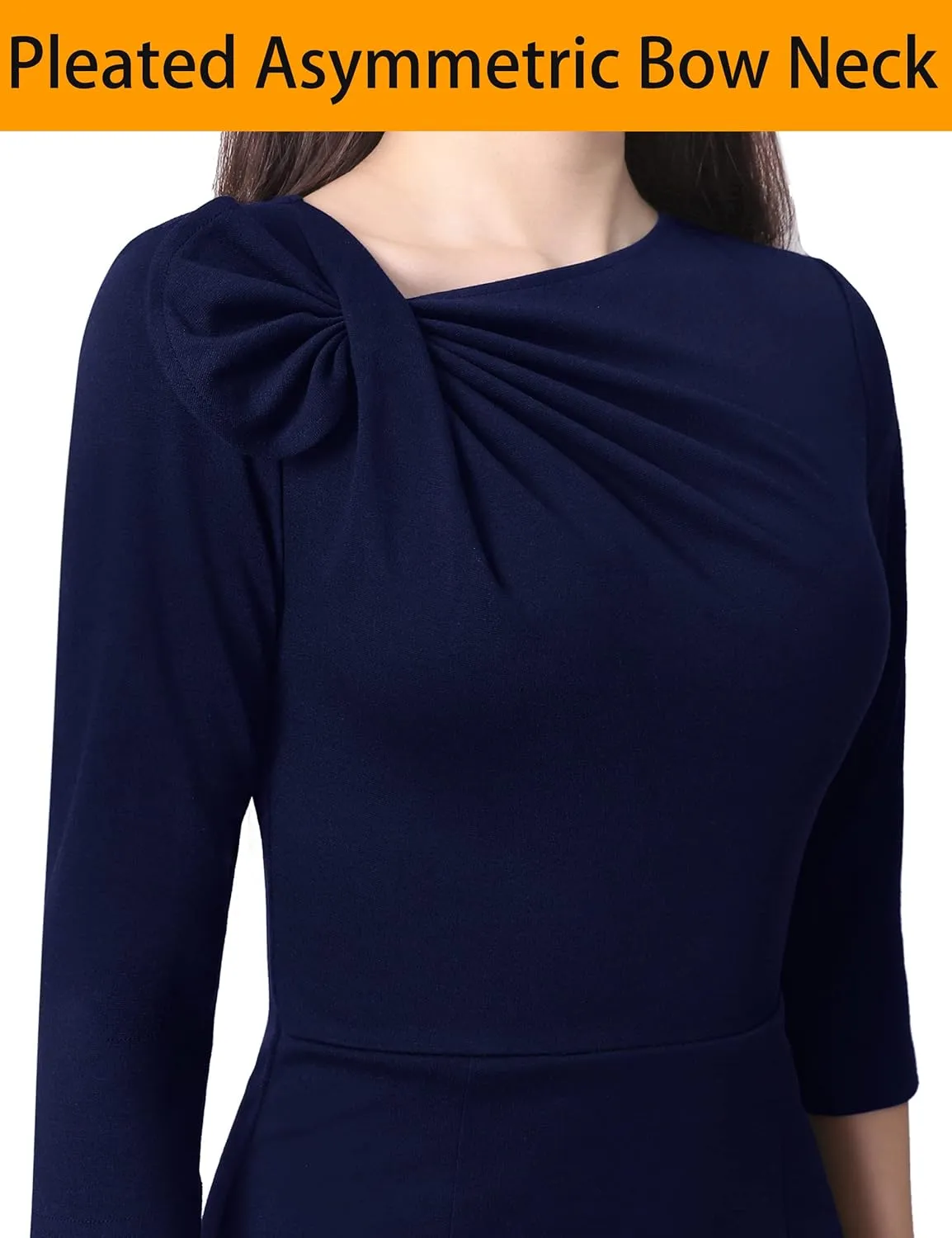 VFSHOW Womens Pleated Asymmetric Bow Neck Work Business Office Cocktail Party Pencil Sheath Dress