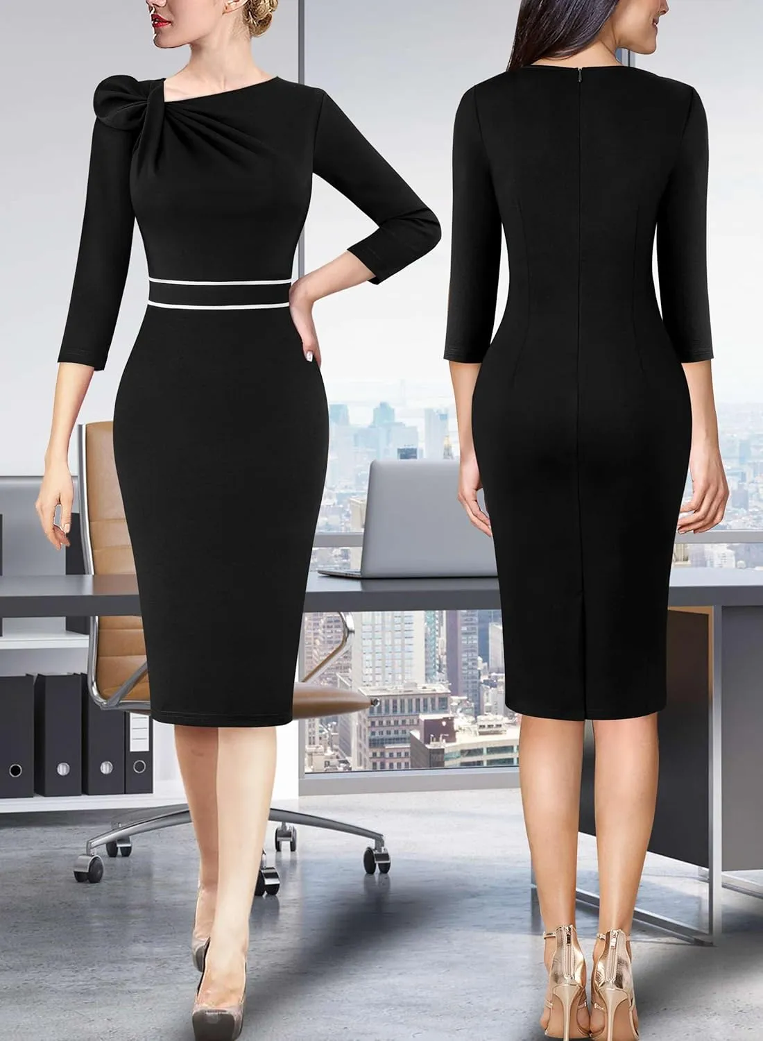 VFSHOW Womens Pleated Asymmetric Bow Neck Work Business Office Cocktail Party Pencil Sheath Dress
