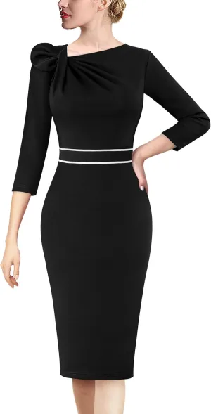VFSHOW Womens Pleated Asymmetric Bow Neck Work Business Office Cocktail Party Pencil Sheath Dress