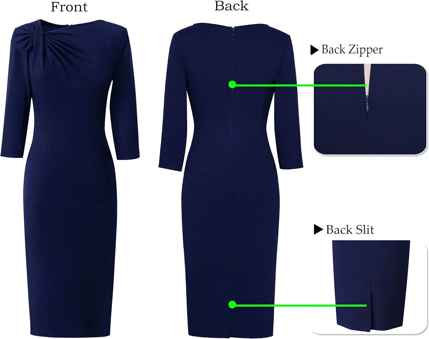 VFSHOW Womens Pleated Asymmetric Bow Neck Work Business Office Cocktail Party Pencil Sheath Dress