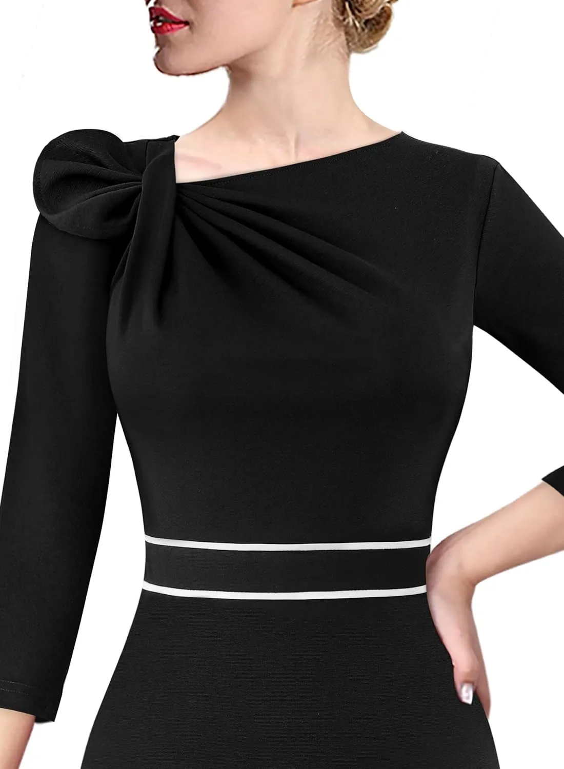 VFSHOW Womens Pleated Asymmetric Bow Neck Work Business Office Cocktail Party Pencil Sheath Dress
