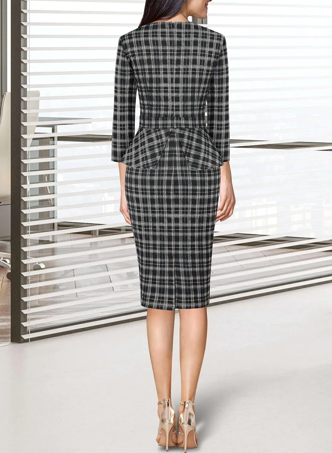 VFSHOW Womens Pleated Crew Neck Peplum Work Business Office Bodycon Pencil Sheath Dress