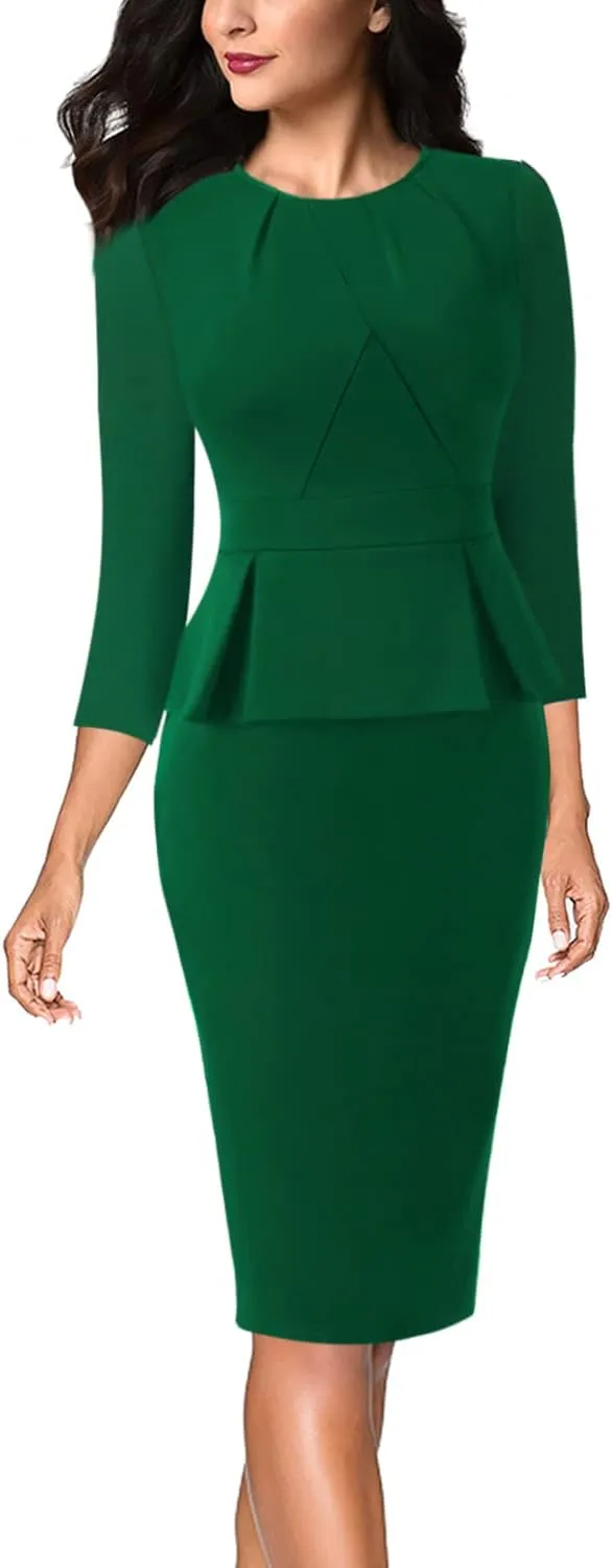 VFSHOW Womens Pleated Crew Neck Peplum Work Business Office Bodycon Pencil Sheath Dress