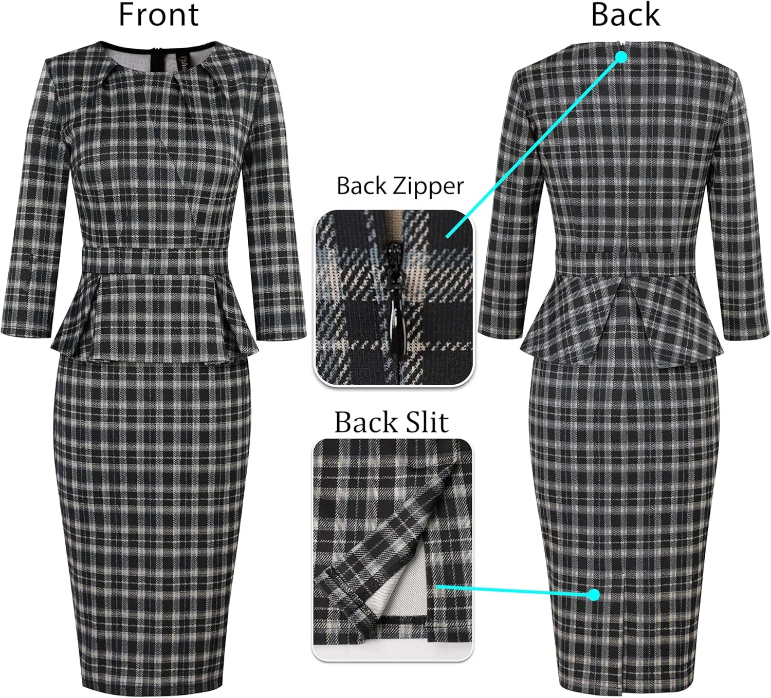 VFSHOW Womens Pleated Crew Neck Peplum Work Business Office Bodycon Pencil Sheath Dress