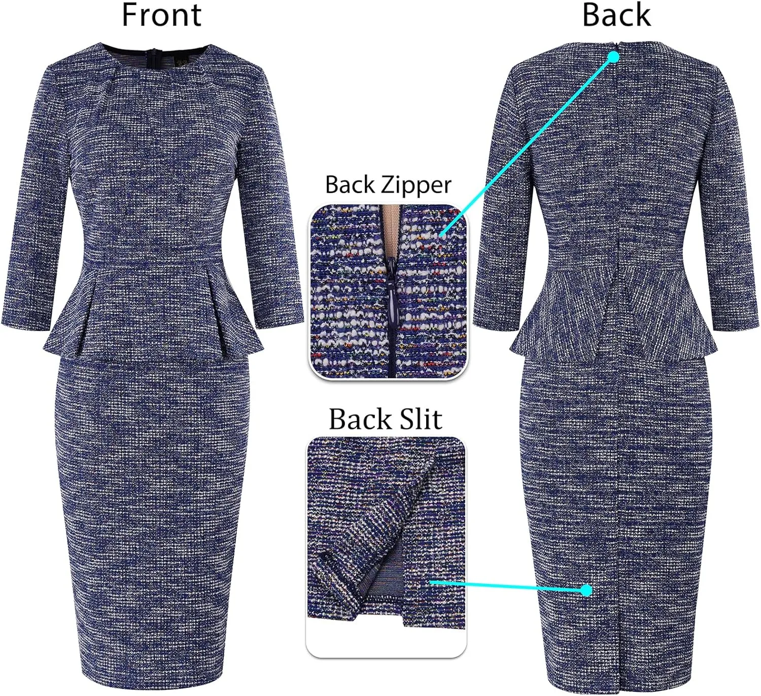 VFSHOW Womens Pleated Crew Neck Peplum Work Business Office Bodycon Pencil Sheath Dress