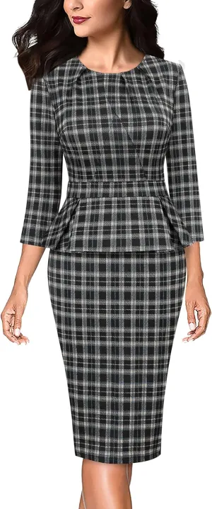 VFSHOW Womens Pleated Crew Neck Peplum Work Business Office Bodycon Pencil Sheath Dress