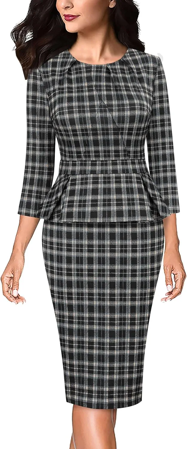 VFSHOW Womens Pleated Crew Neck Peplum Work Business Office Bodycon Pencil Sheath Dress