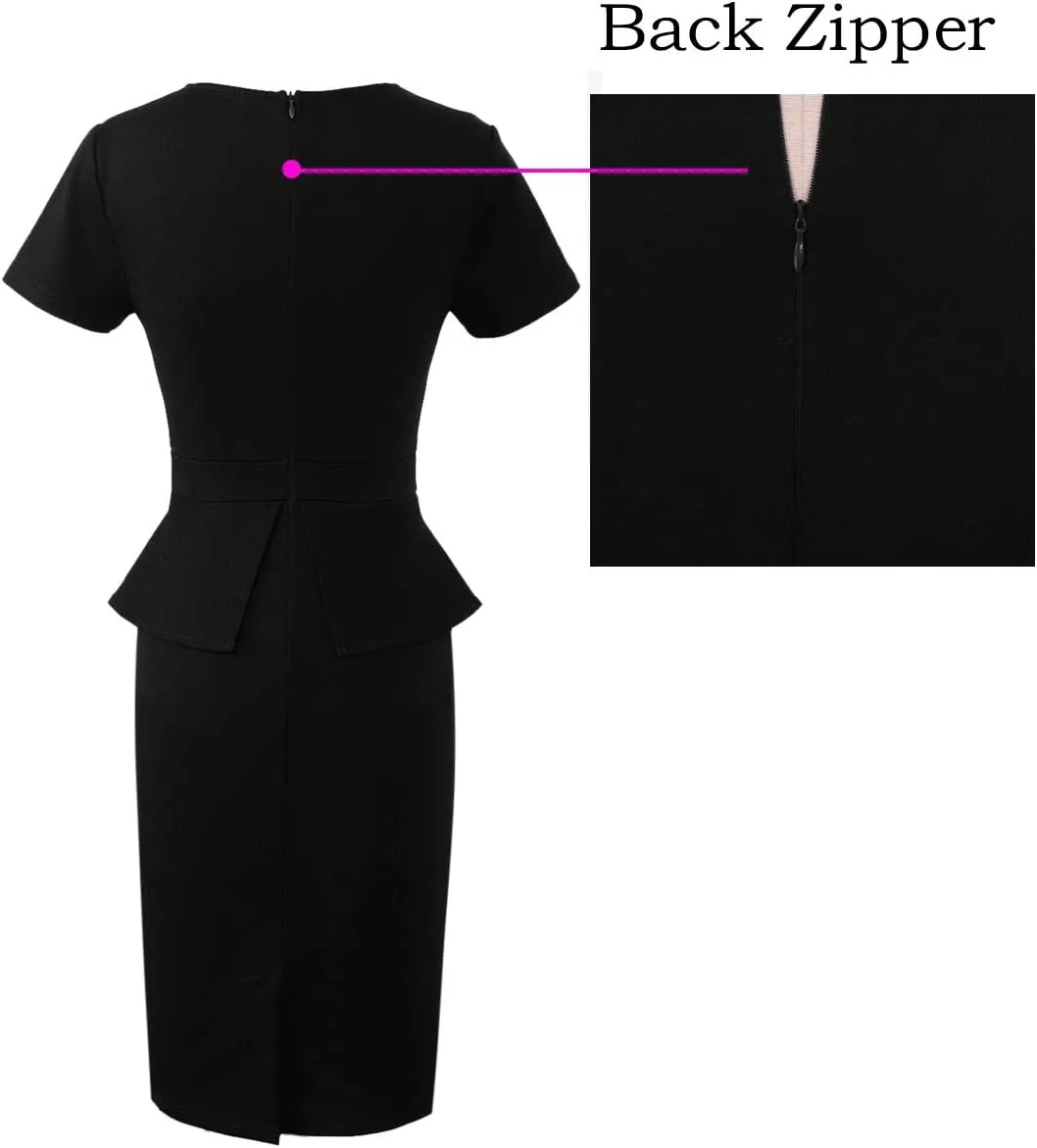 VFSHOW Womens Pleated Crew Neck Peplum Work Business Office Church Bodycon Pencil Sheath Dress