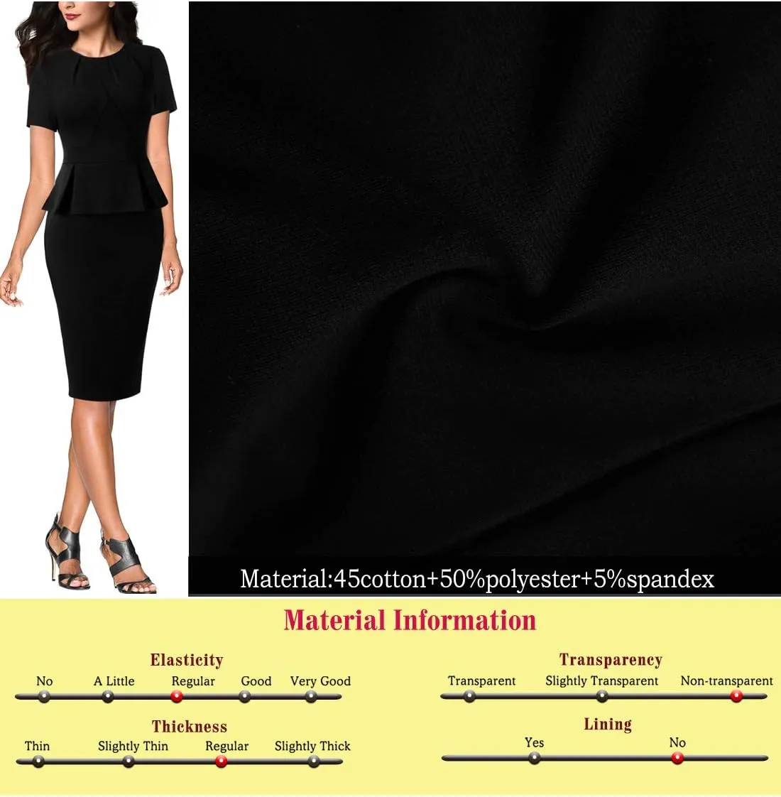 VFSHOW Womens Pleated Crew Neck Peplum Work Business Office Church Bodycon Pencil Sheath Dress