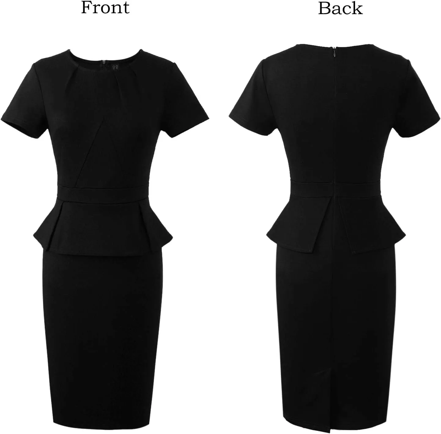 VFSHOW Womens Pleated Crew Neck Peplum Work Business Office Church Bodycon Pencil Sheath Dress