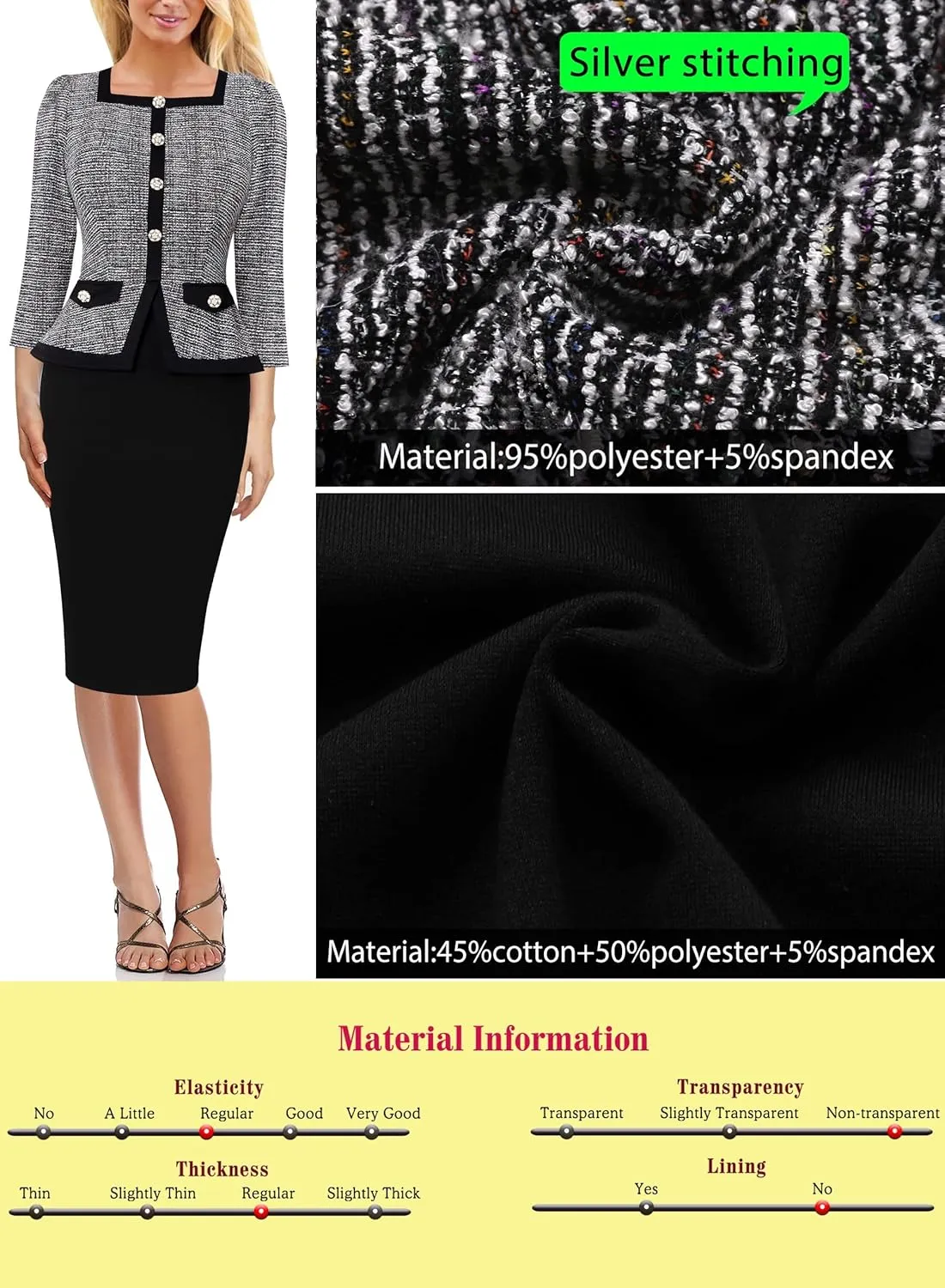 VFSHOW Womens Square Neck Buttons Peplum Cocktail Party Work Office Business Bodycon Pencil Dress