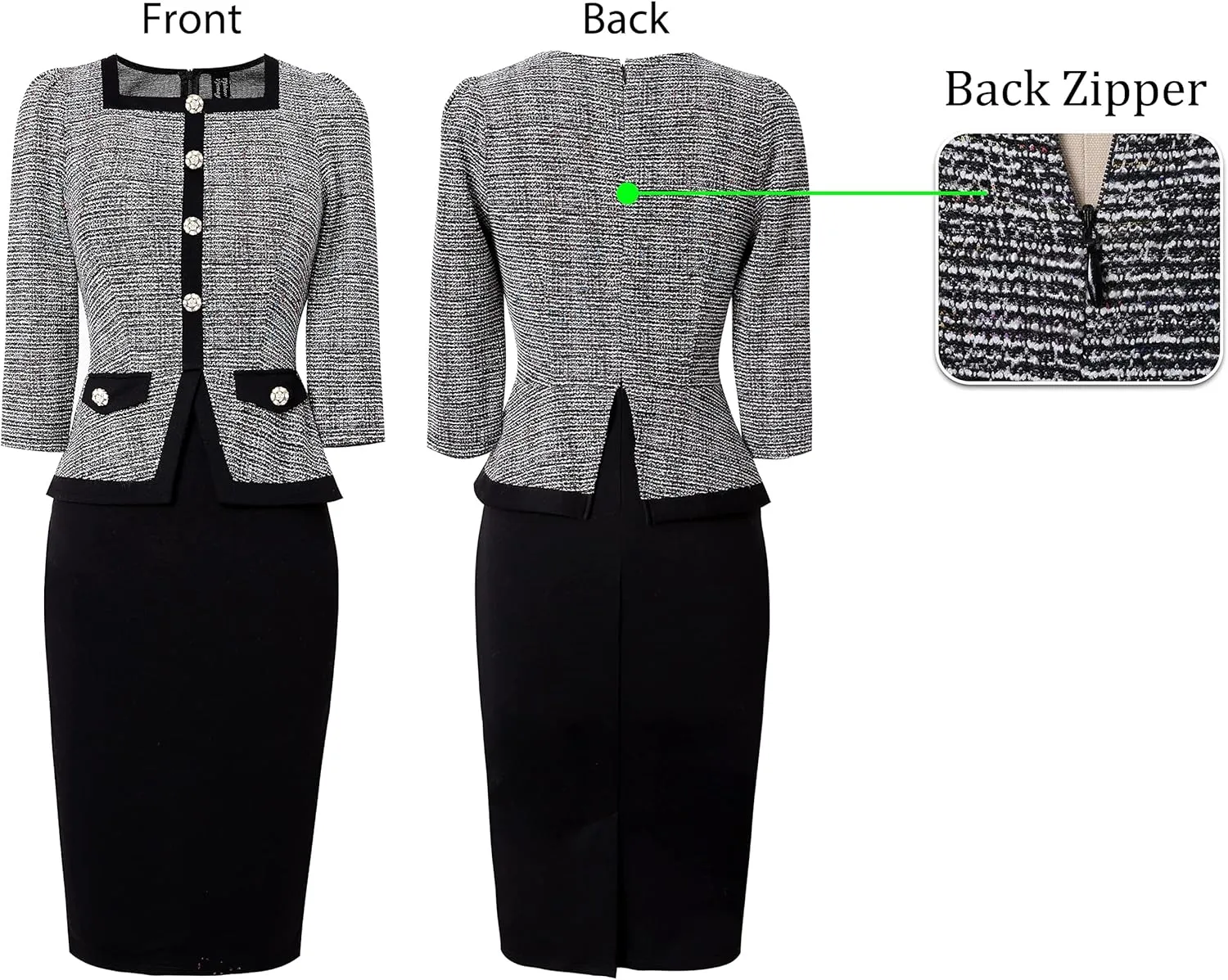VFSHOW Womens Square Neck Buttons Peplum Cocktail Party Work Office Business Bodycon Pencil Dress