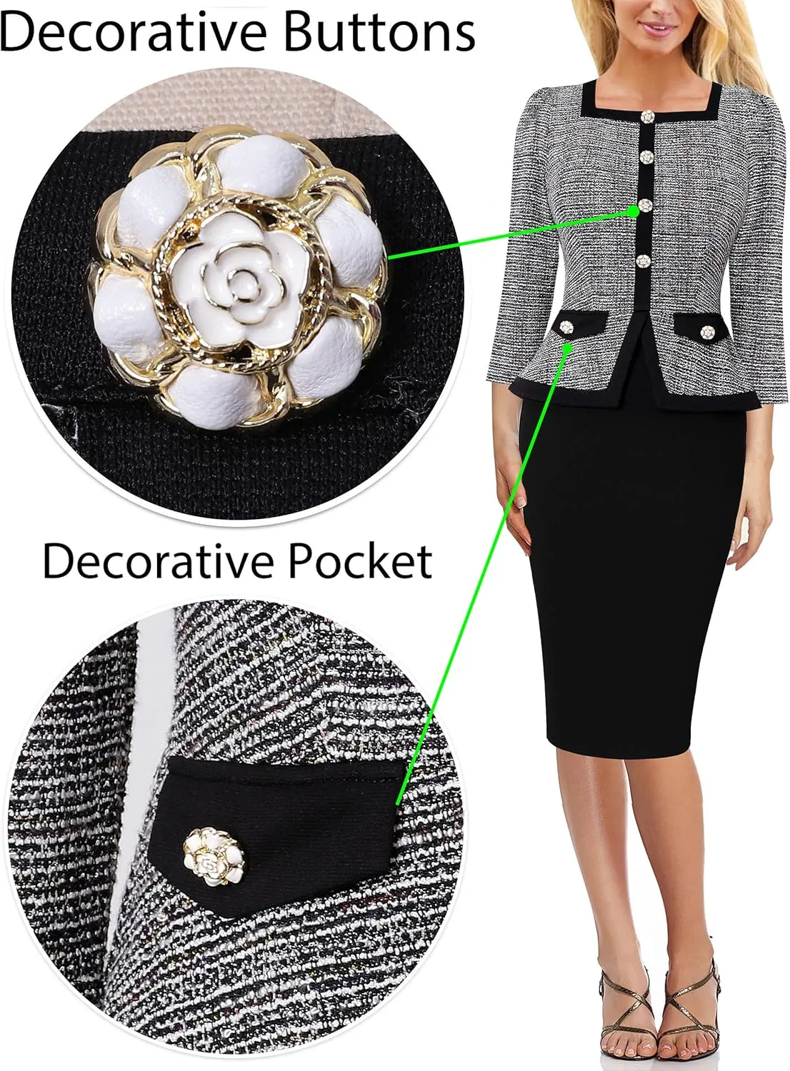 VFSHOW Womens Square Neck Buttons Peplum Cocktail Party Work Office Business Bodycon Pencil Dress