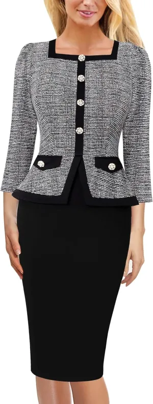VFSHOW Womens Square Neck Buttons Peplum Cocktail Party Work Office Business Bodycon Pencil Dress