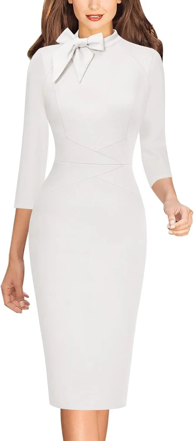 VFSHOW Womens Tie Neck Slim Cocktail Party Work Business Office Church Career Bodycon Pencil Sheath Dress