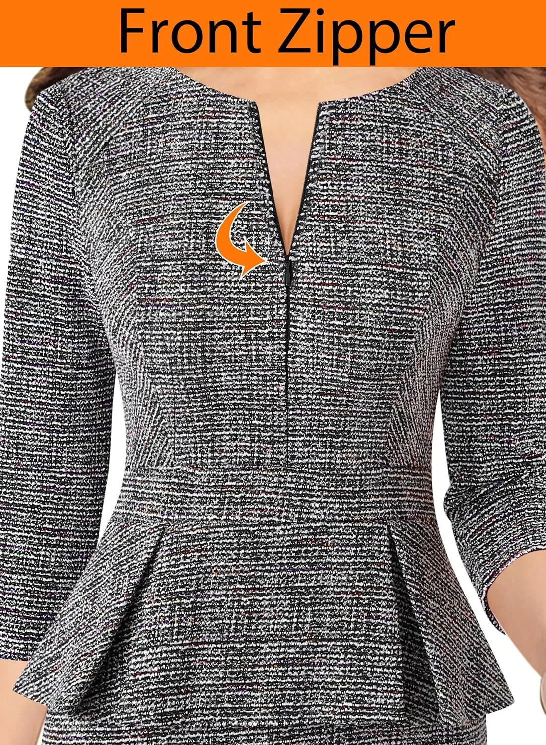 VFSHOW Womens Wear to Work Front Zipper Peplum Business Office Church Pencil Sheath Dress