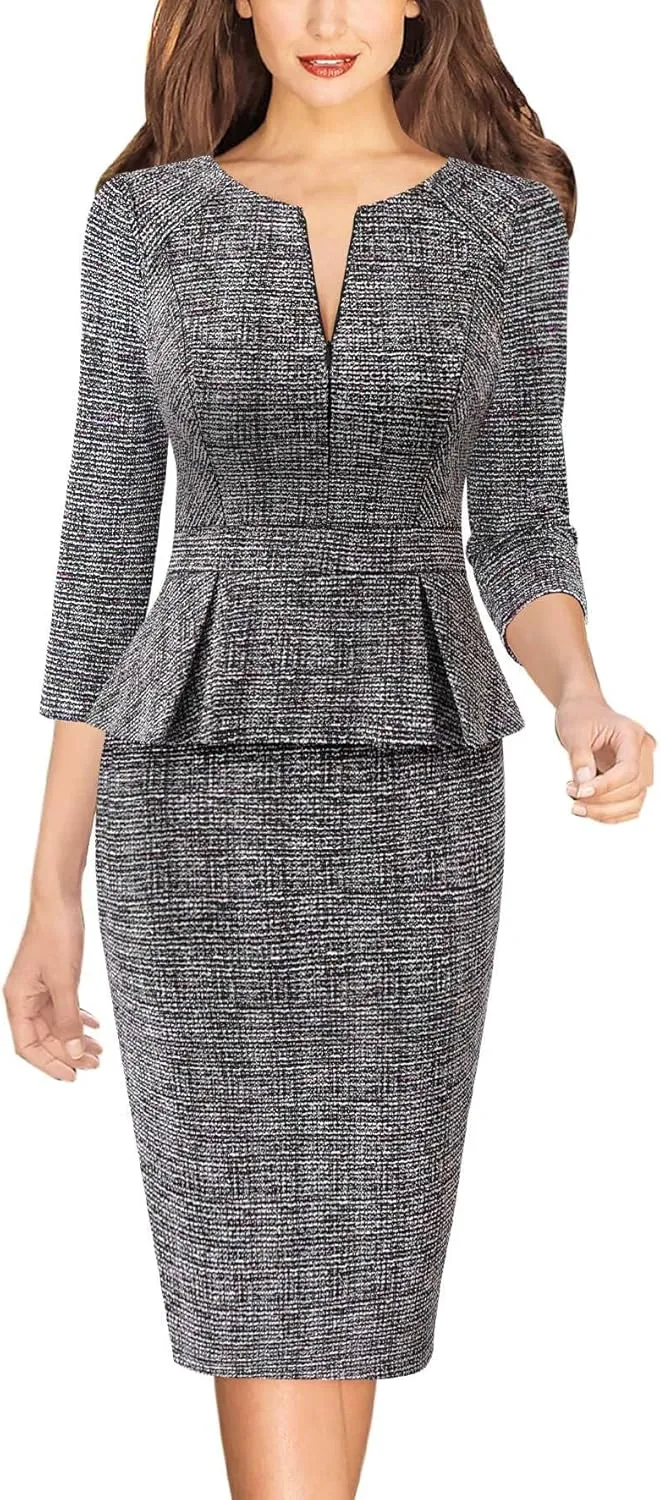 VFSHOW Womens Wear to Work Front Zipper Peplum Business Office Church Pencil Sheath Dress