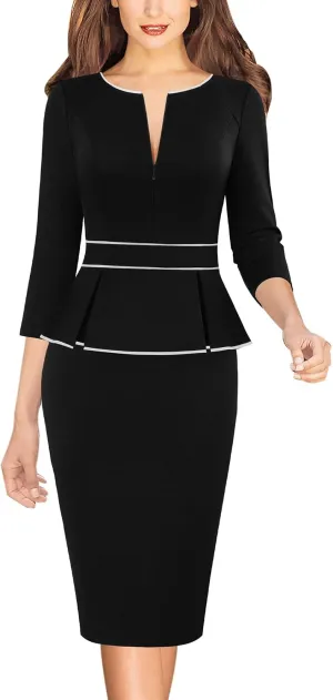 VFSHOW Womens Wear to Work Front Zipper Peplum Business Office Church Pencil Sheath Dress