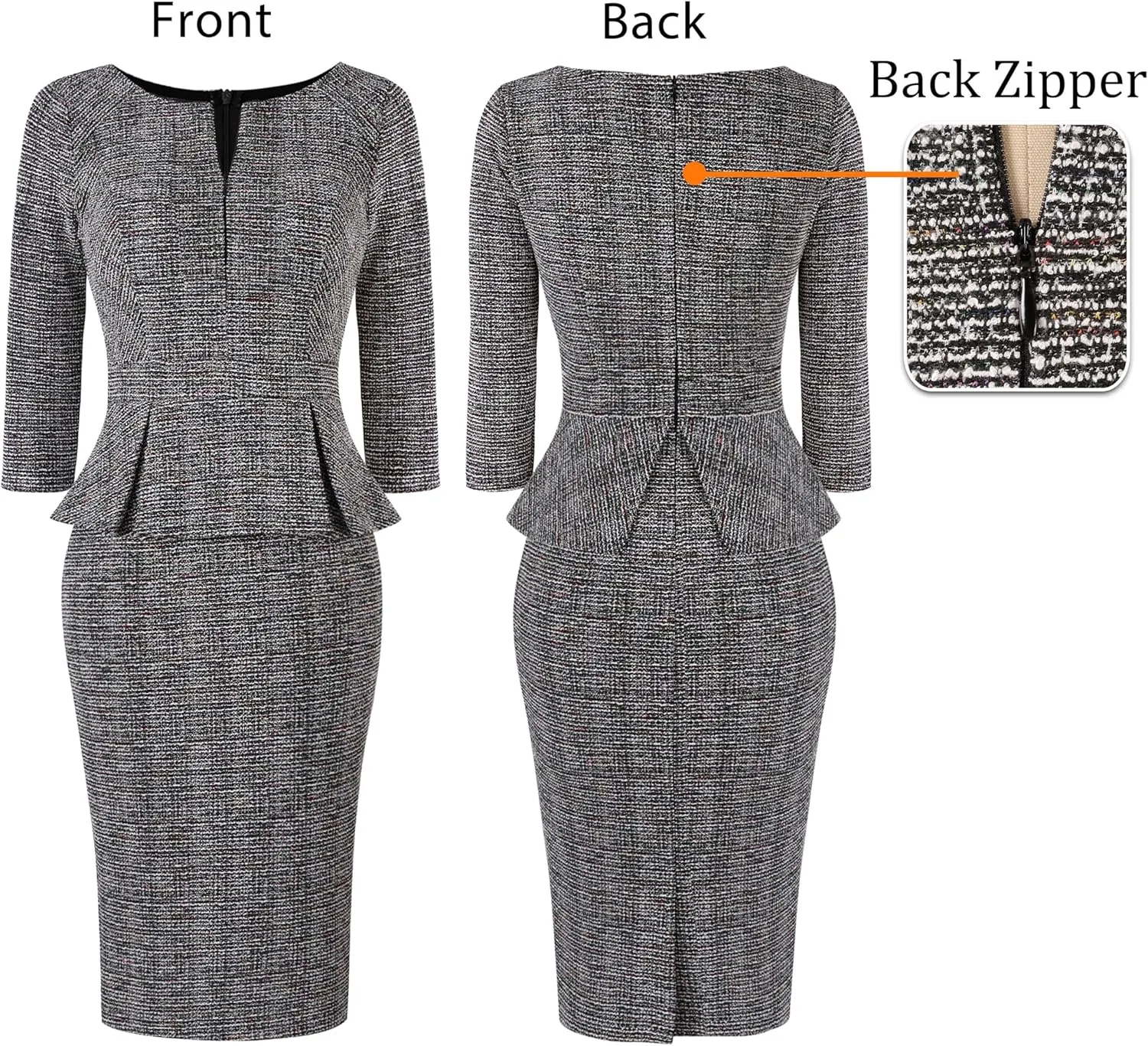 VFSHOW Womens Wear to Work Front Zipper Peplum Business Office Church Pencil Sheath Dress