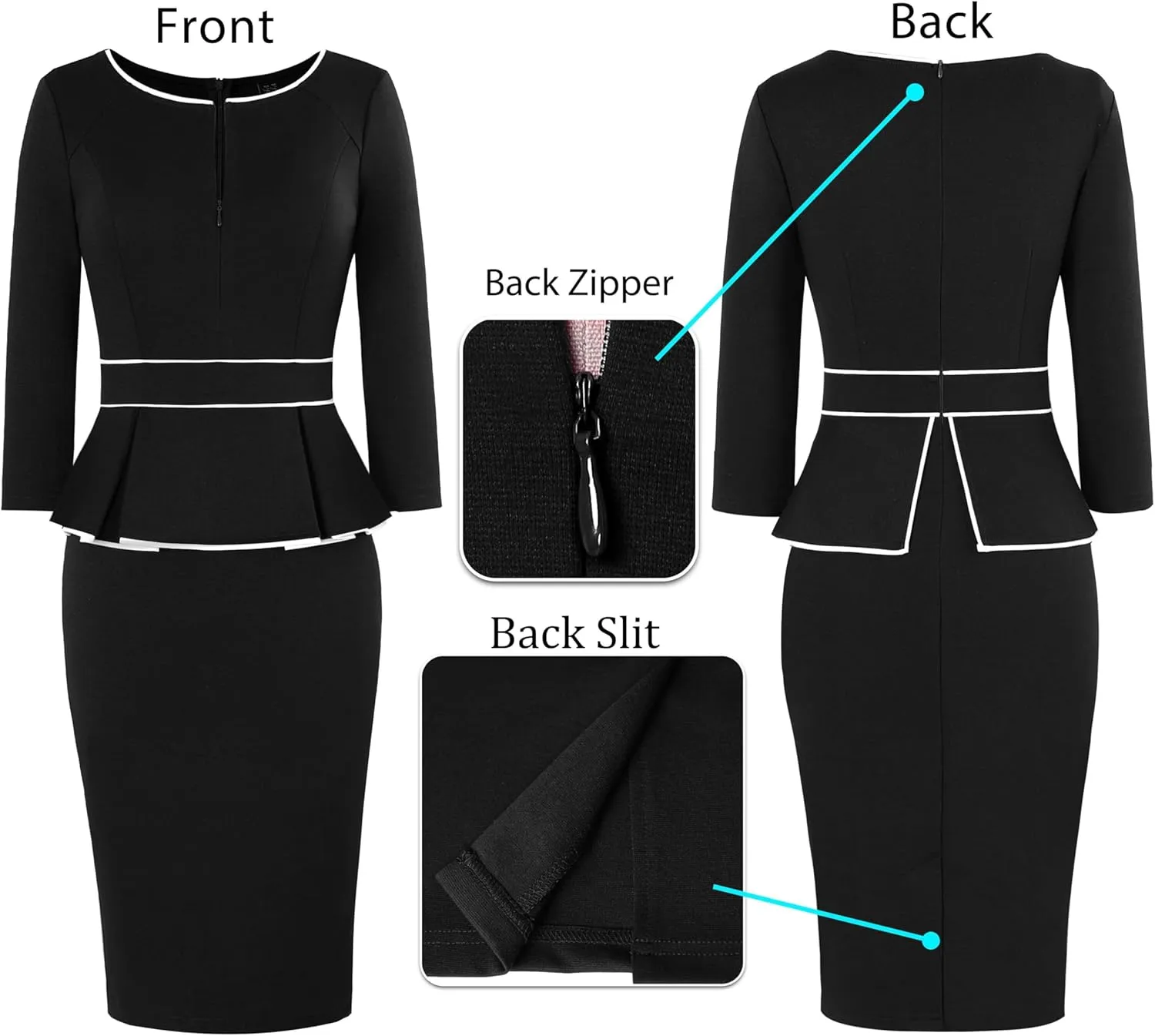 VFSHOW Womens Wear to Work Front Zipper Peplum Business Office Church Pencil Sheath Dress