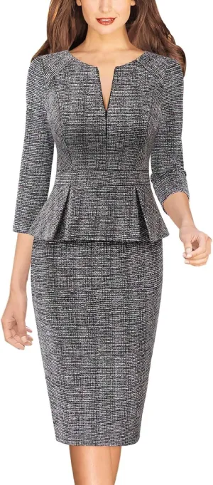 VFSHOW Womens Wear to Work Front Zipper Peplum Business Office Church Pencil Sheath Dress