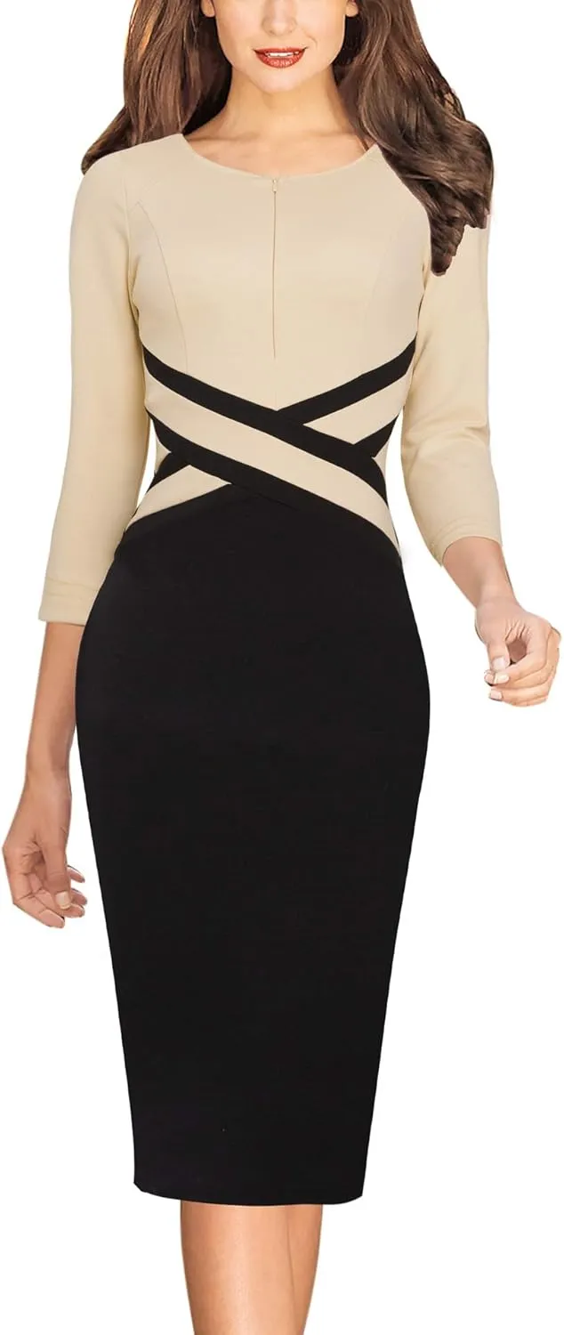 VFSHOW Womens Wear to Work Slim Colorblock Crisscross Waist Front Zipper Business Party Office Bodycon Pencil Sheath Dress