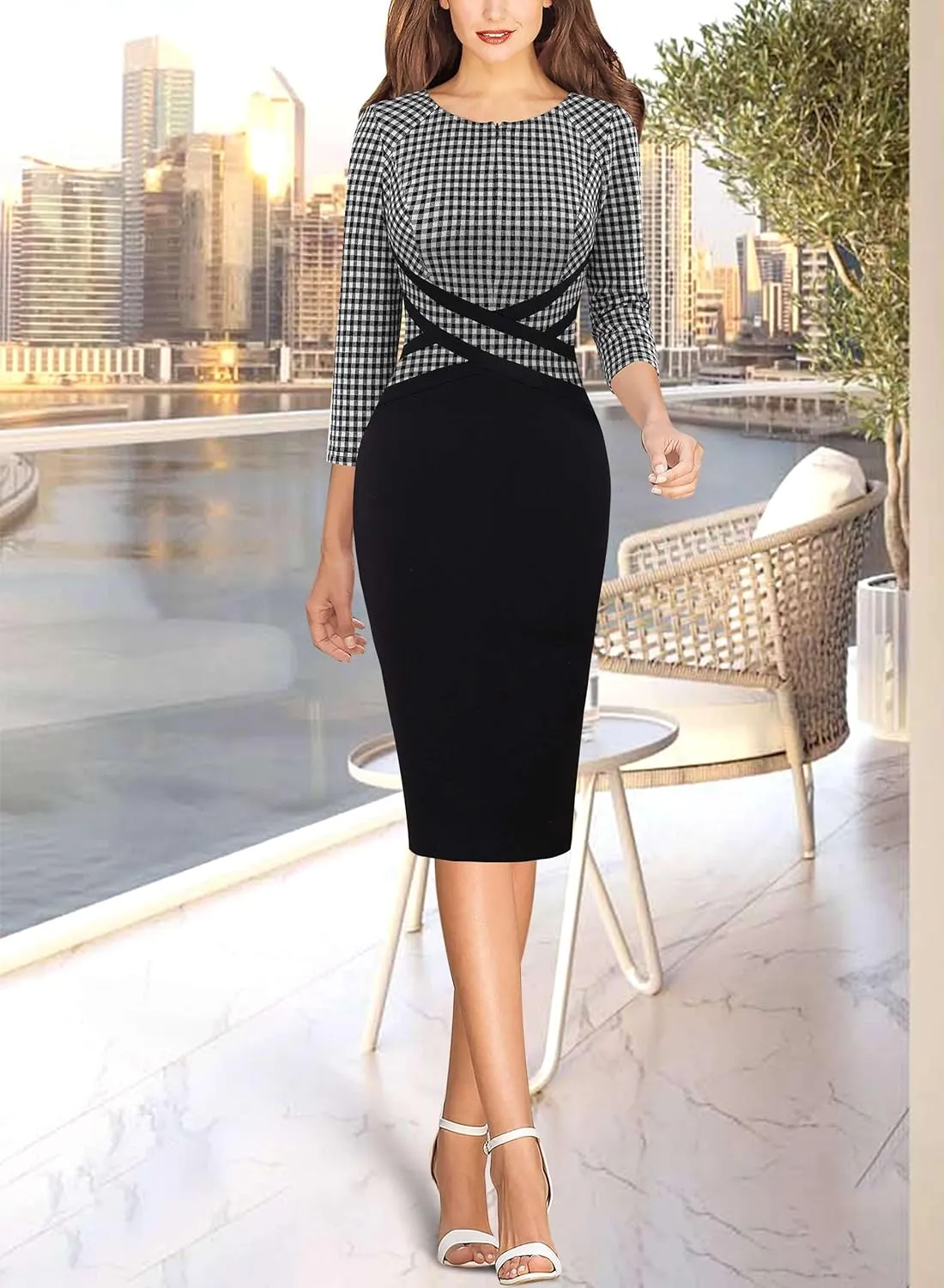 VFSHOW Womens Wear to Work Slim Colorblock Crisscross Waist Front Zipper Business Party Office Bodycon Pencil Sheath Dress