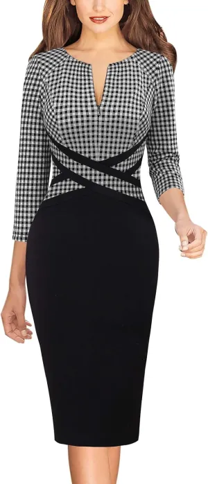 VFSHOW Womens Wear to Work Slim Colorblock Crisscross Waist Front Zipper Business Party Office Bodycon Pencil Sheath Dress