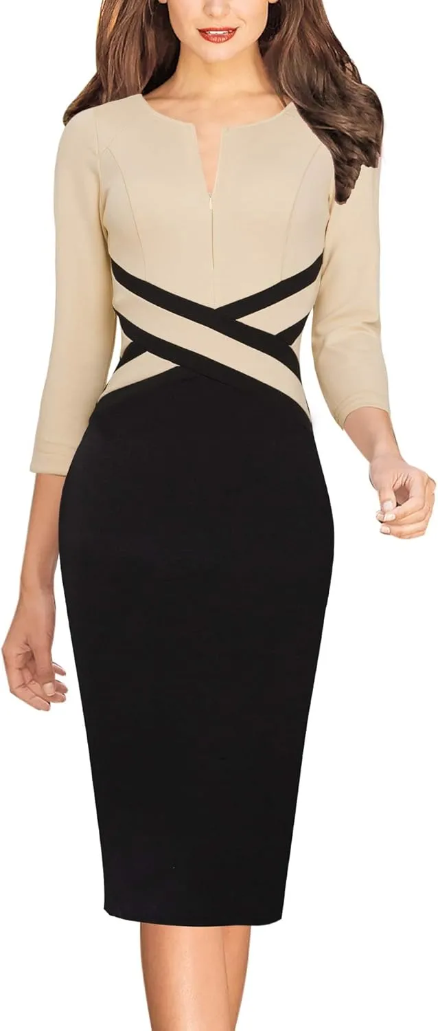 VFSHOW Womens Wear to Work Slim Colorblock Crisscross Waist Front Zipper Business Party Office Bodycon Pencil Sheath Dress