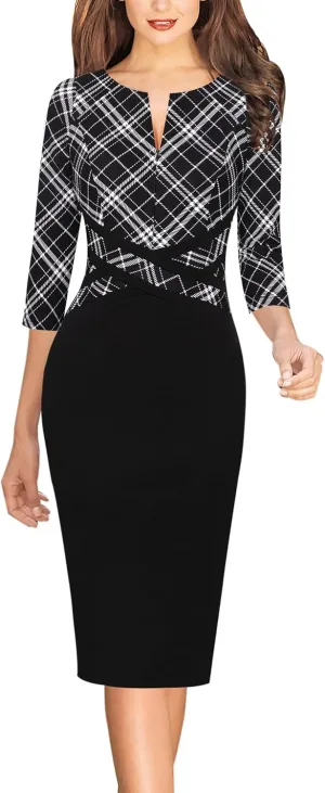 VFSHOW Womens Wear to Work Slim Colorblock Crisscross Waist Front Zipper Business Party Office Bodycon Pencil Sheath Dress