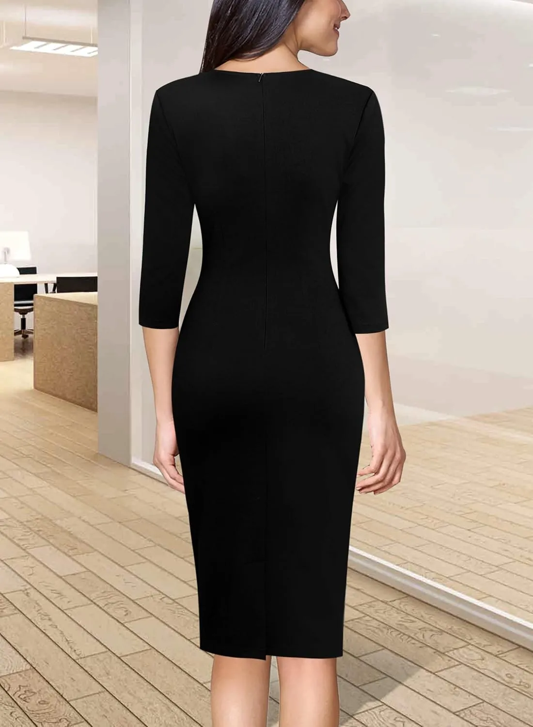 VFSHOW Womens Wear to Work Slim Colorblock Crisscross Waist Front Zipper Business Party Office Bodycon Pencil Sheath Dress