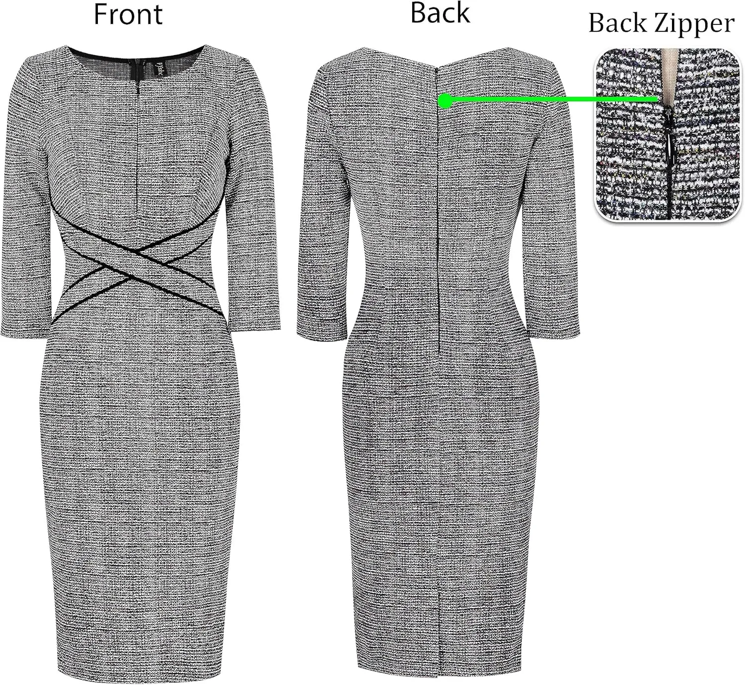VFSHOW Womens Wear to Work Slim Colorblock Crisscross Waist Front Zipper Business Party Office Bodycon Pencil Sheath Dress