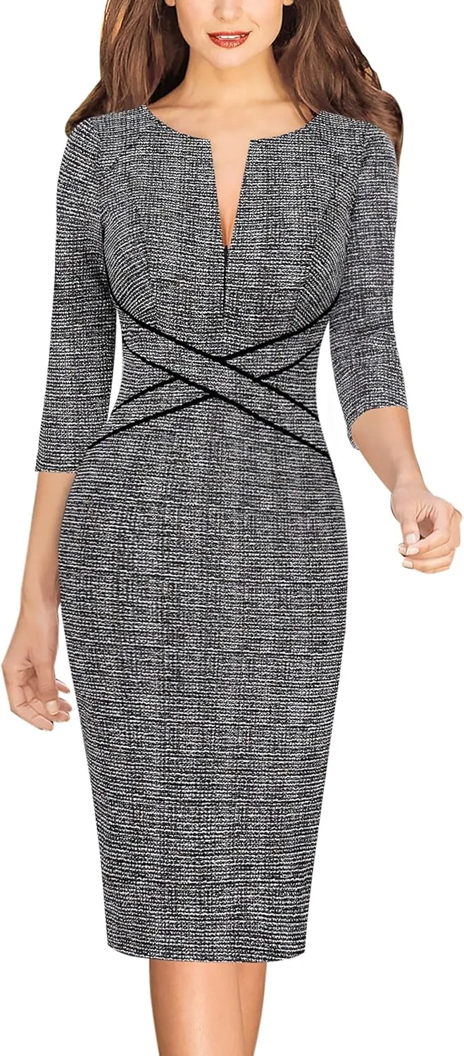 VFSHOW Womens Wear to Work Slim Colorblock Crisscross Waist Front Zipper Business Party Office Bodycon Pencil Sheath Dress