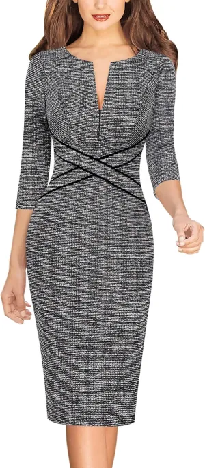 VFSHOW Womens Wear to Work Slim Colorblock Crisscross Waist Front Zipper Business Party Office Bodycon Pencil Sheath Dress