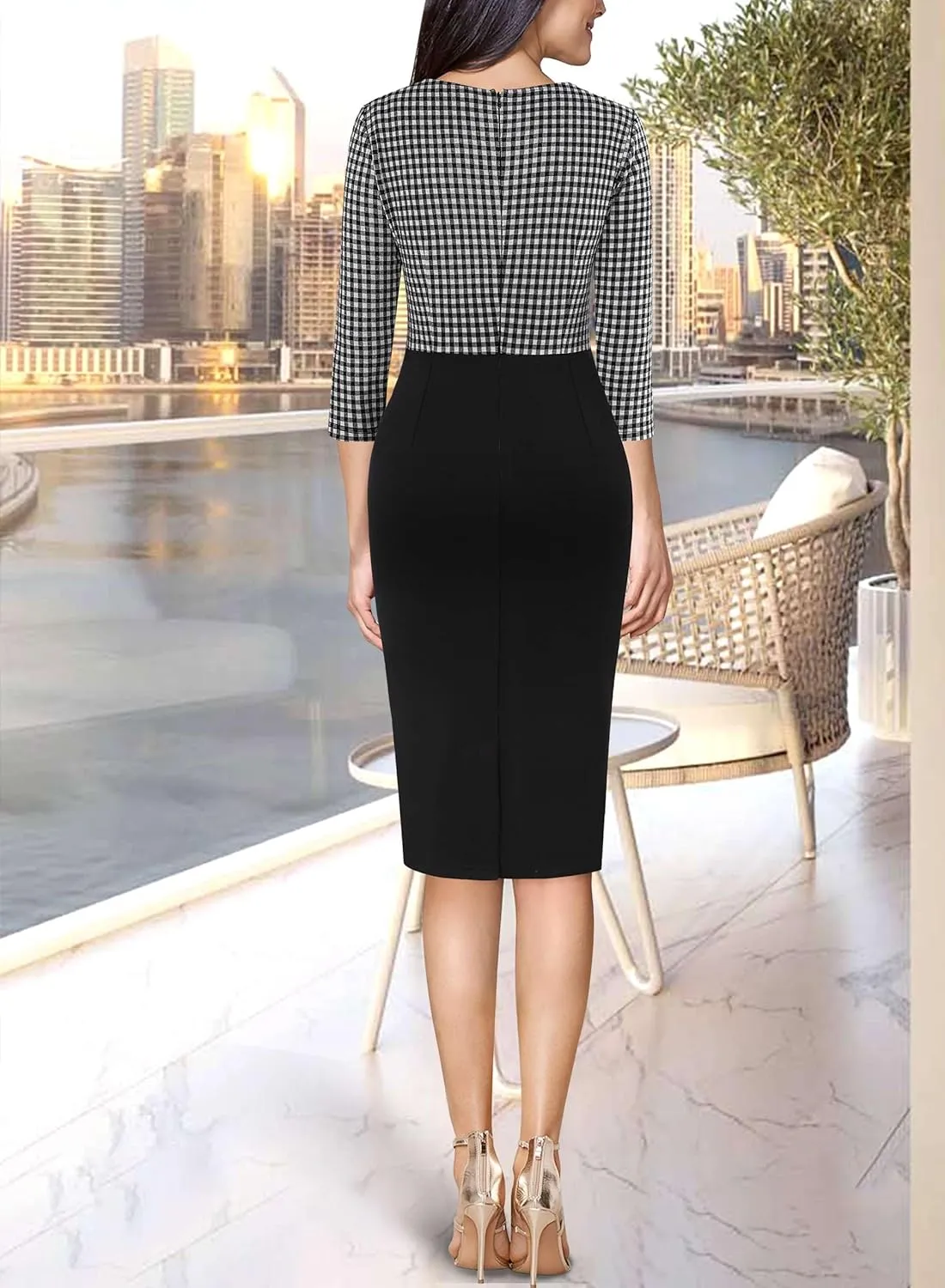 VFSHOW Womens Wear to Work Slim Colorblock Crisscross Waist Front Zipper Business Party Office Bodycon Pencil Sheath Dress