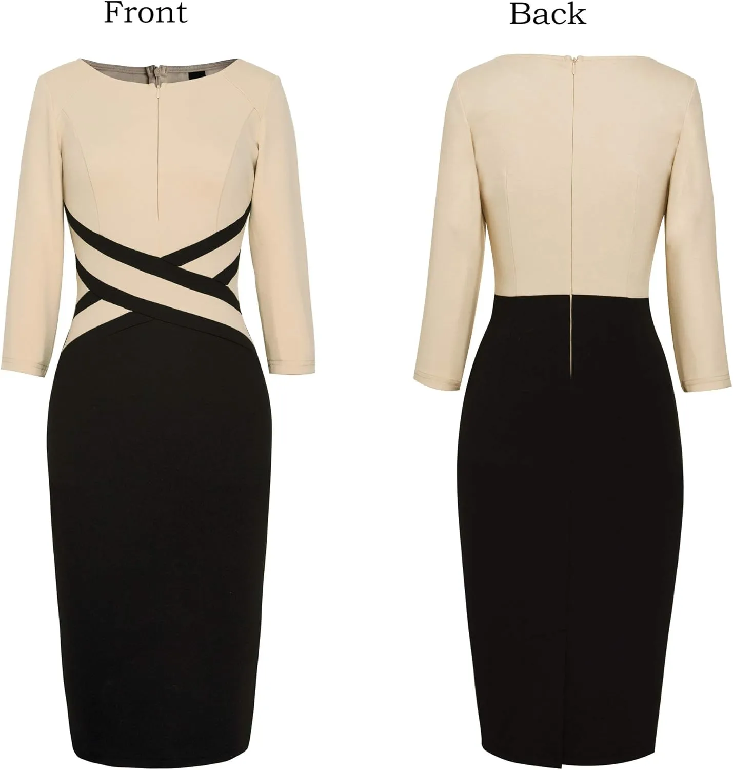 VFSHOW Womens Wear to Work Slim Colorblock Crisscross Waist Front Zipper Business Party Office Bodycon Pencil Sheath Dress