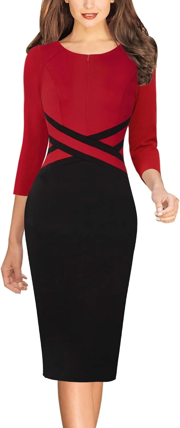 VFSHOW Womens Wear to Work Slim Colorblock Crisscross Waist Front Zipper Business Party Office Bodycon Pencil Sheath Dress
