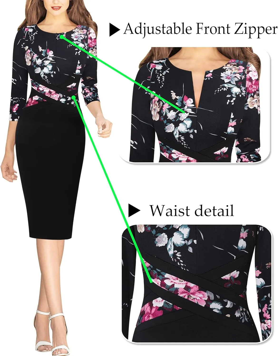 VFSHOW Womens Wear to Work Slim Colorblock Crisscross Waist Front Zipper Business Party Office Bodycon Pencil Sheath Dress