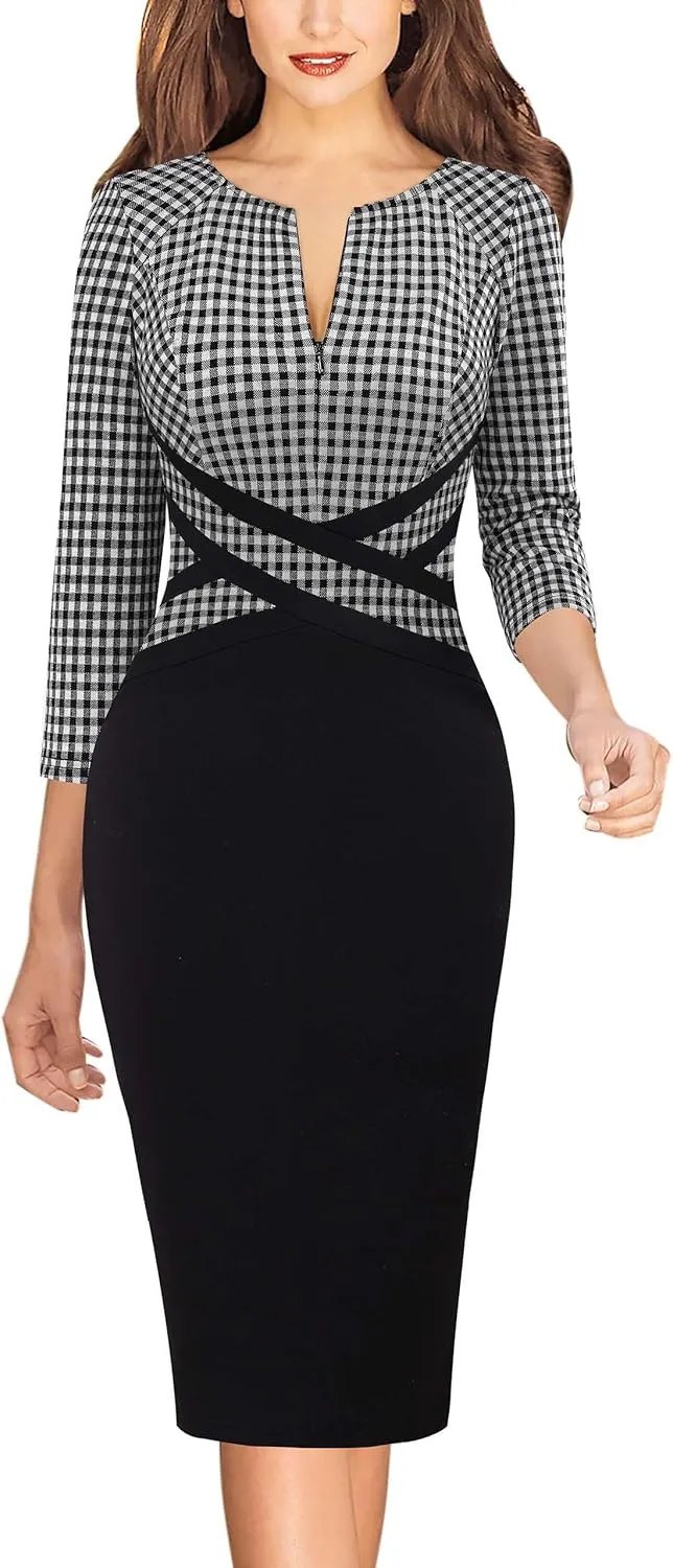 VFSHOW Womens Wear to Work Slim Colorblock Crisscross Waist Front Zipper Business Party Office Bodycon Pencil Sheath Dress