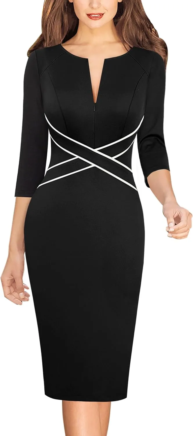 VFSHOW Womens Wear to Work Slim Colorblock Crisscross Waist Front Zipper Business Party Office Bodycon Pencil Sheath Dress